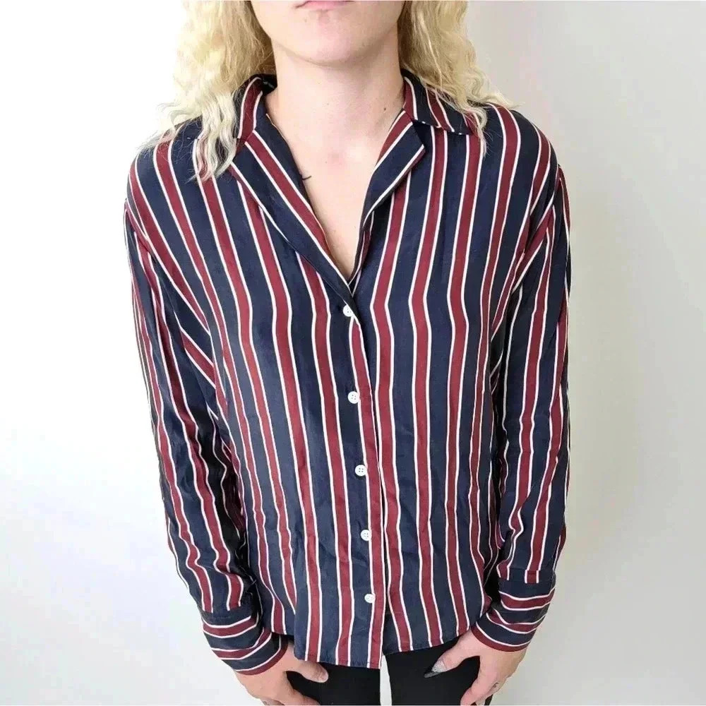 Frame Silk Striped Button Down Long Sleeve Shirt -  S - Picture 7 of 8